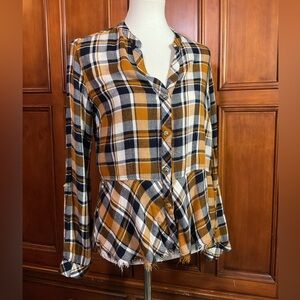 Harper Women’s Flannel Size Med Mustard Blue Ruffle Layer Lknw As Seen Comfy Cla